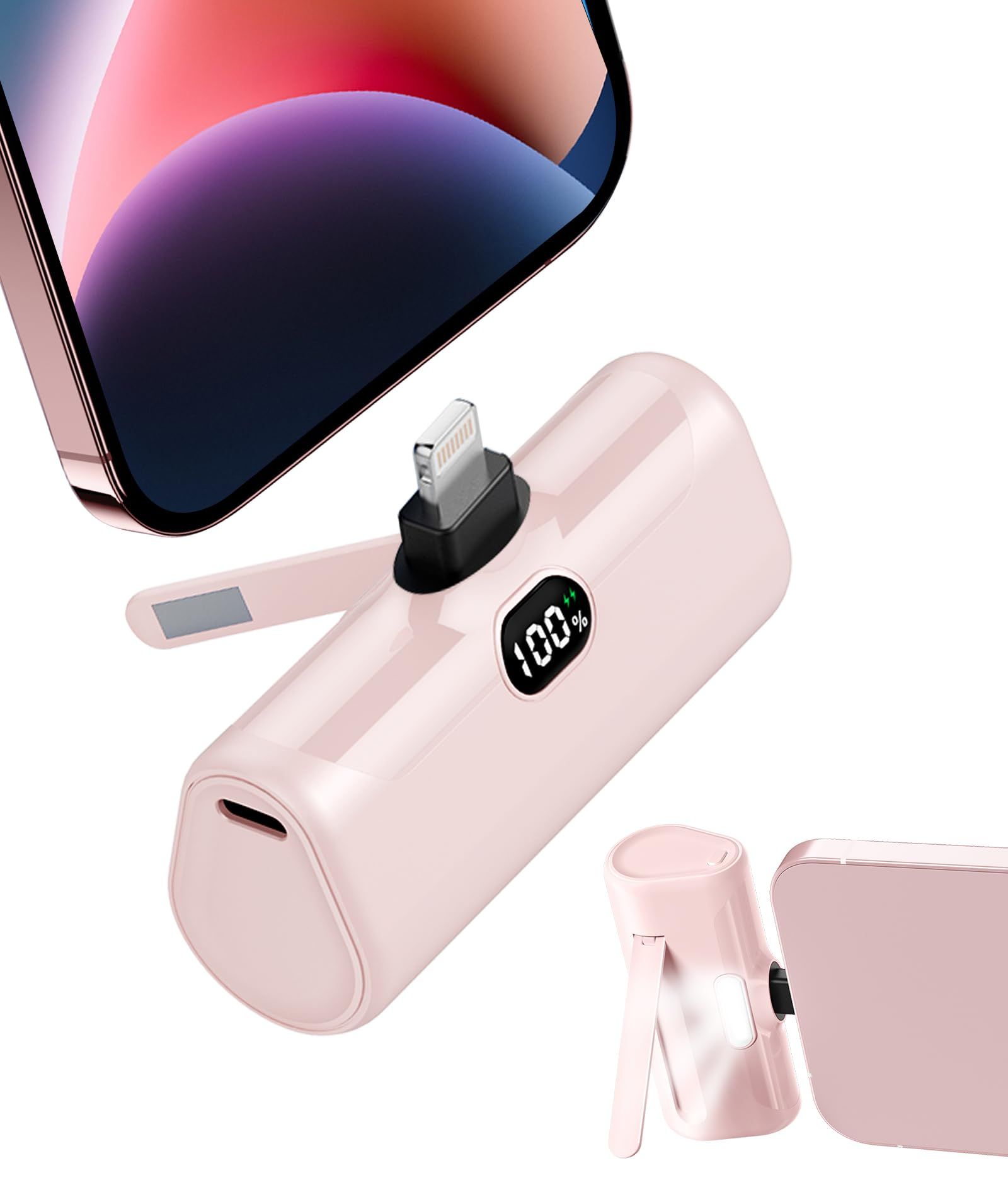 L.LYFOVR Pink Small Portable Charger for iPhone,5000mAh Lightweight Battery Pack with Metal Stand/LED Flashlight Mini Power Bank Battery Charge for iPhone 14/14pro/13/13pro/12mini/12pro max/11/SE